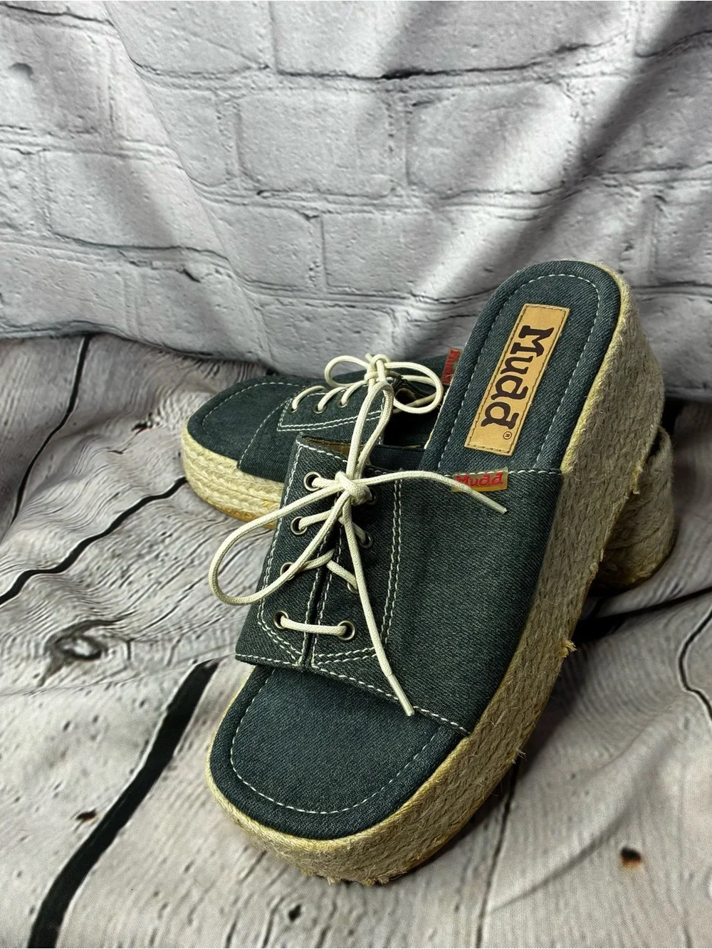 VTG Y2K Mudd Street Style Chunky Platform Tie Front Denim Espadrille Sandals 8.5